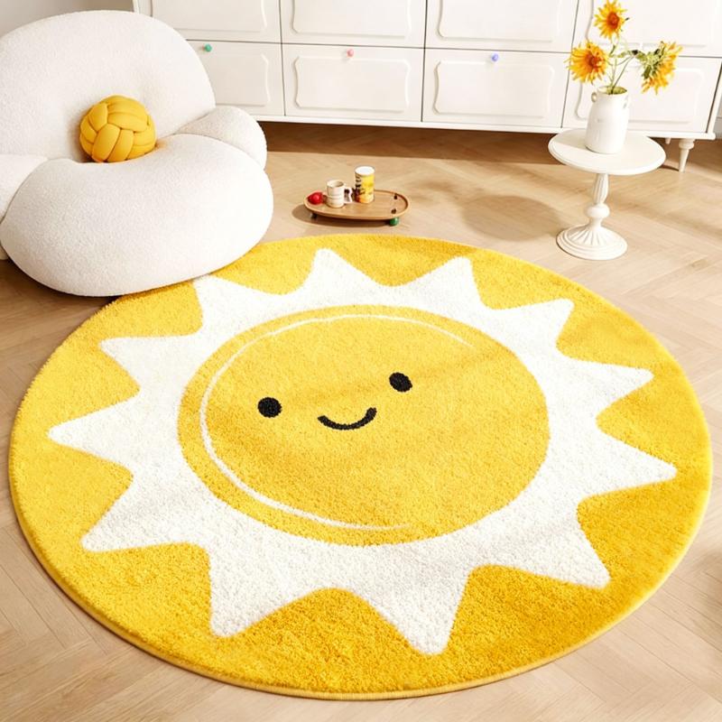 Decorazione Camera da Letto Girasole Tappeto Rotondo Tappeti Spessi in Peluche per Soggiorno Morbido e Soffice Tappetino da Pavimento Comodino Tappeto Lavabile per Bambini