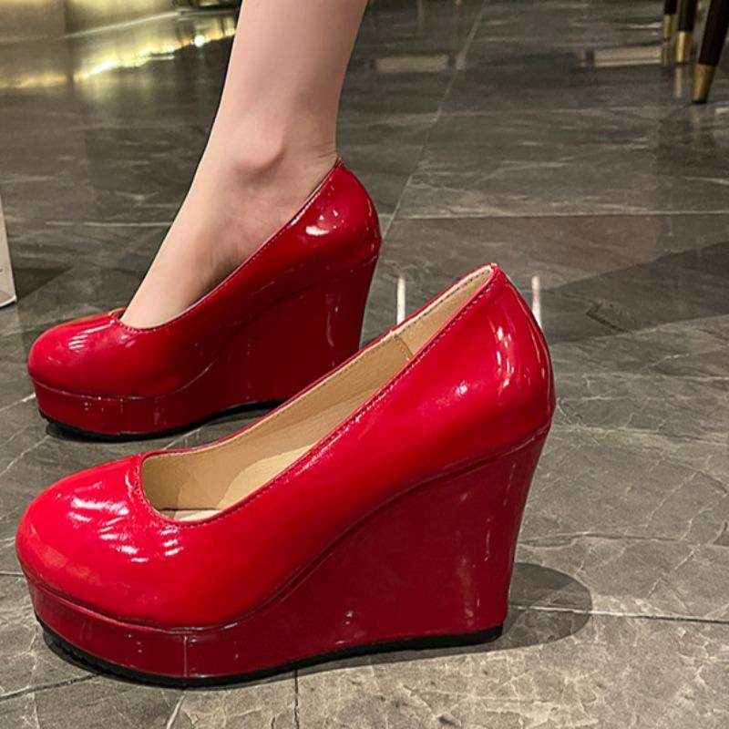 Scarpe Eleganti Taglia Grande Scarpe Singole Estive Nuove Punta Tonda Bocca Bassa A Calzare Piattaforma Impermeabile Antiscivolo Tacco Alto Scarpe con Tacco