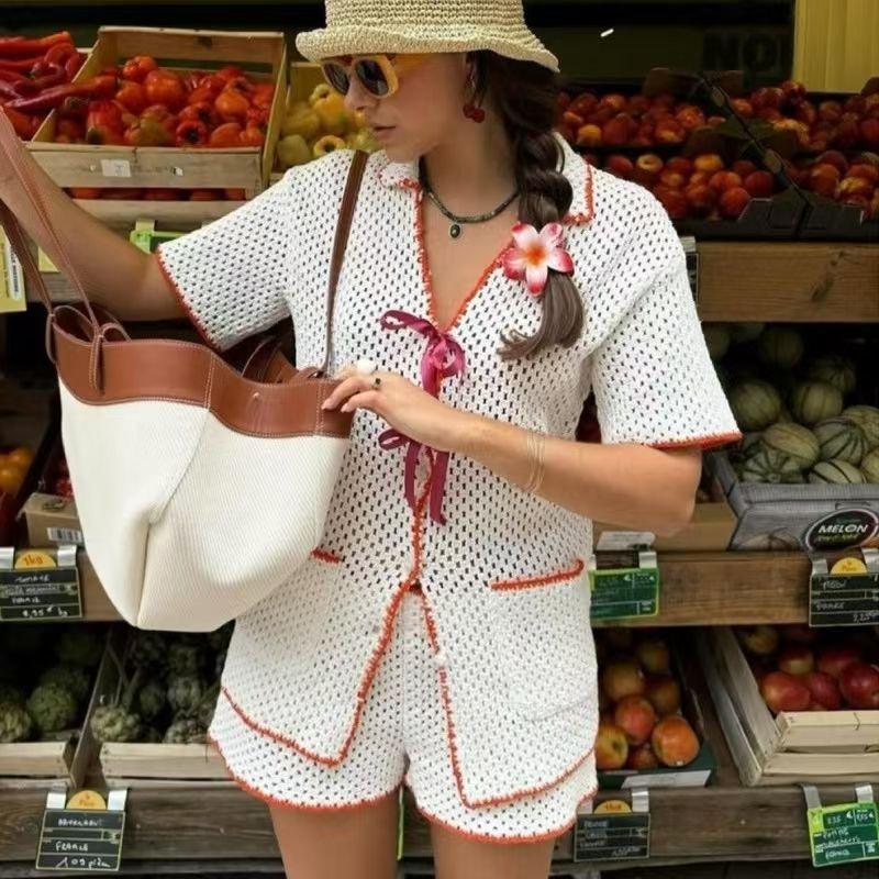

Fashion Wind Stylish Beach Vacation Knitting Tops Shorts Suit Knitted Top and Shorts Set White S