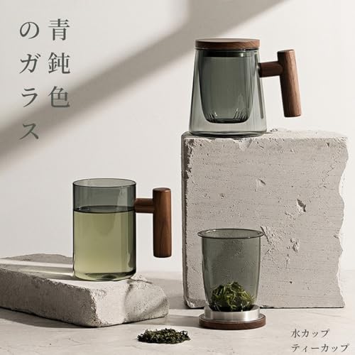 OULOVECO Dark Blue Glass Teapot, 430ml Full Capacity, Heat-Resistant, with Glass Strainer, Wooden Lid and Handle, Stylish and Easy to Clean, Perfect f