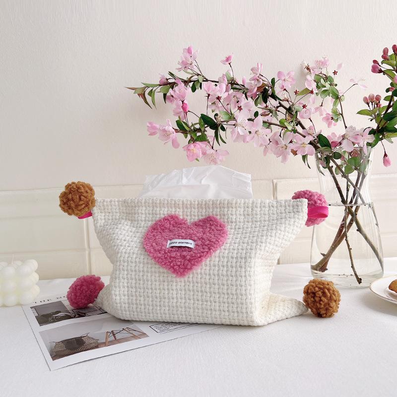 

Cute Heart Plush Knitted Paper Towel Set for Home Bedroom Hangable Fabric Drawing Box Car Large Tissue Box Cover Storage Free