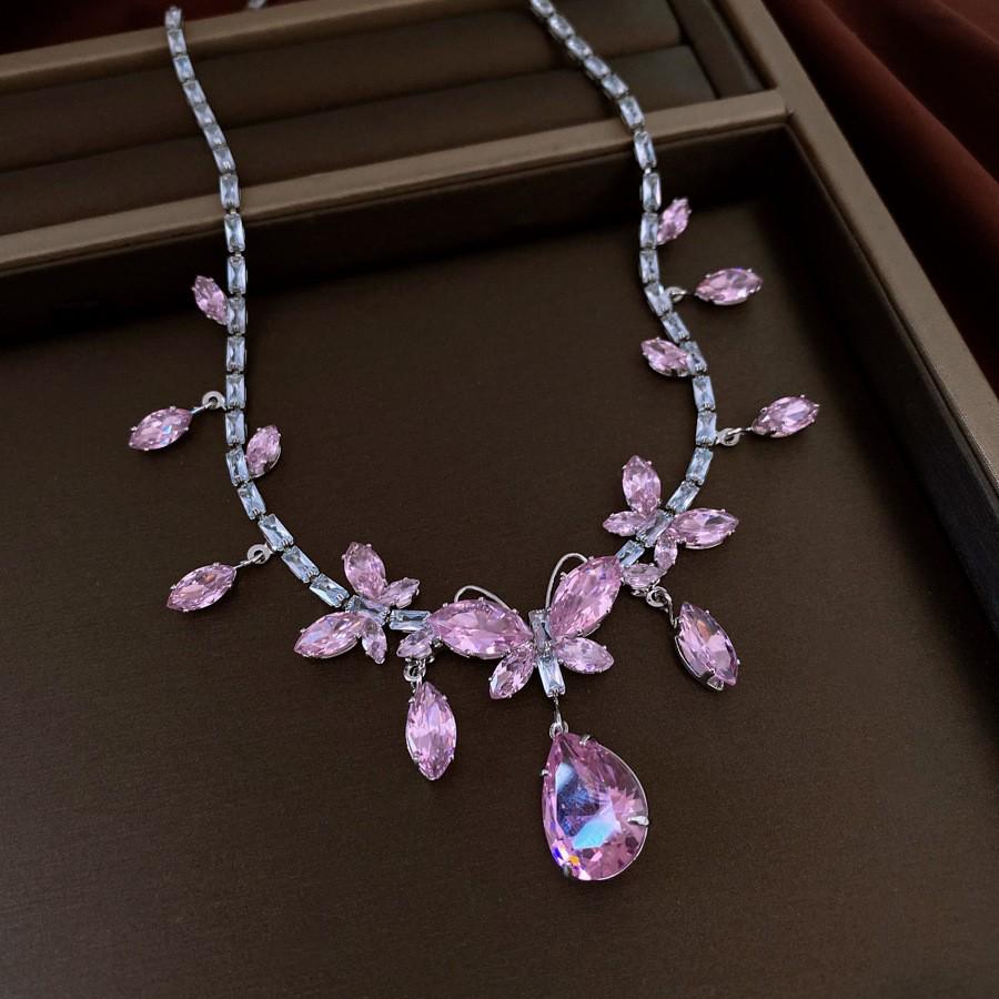 Silbernadel Wassertropfen Zirkonia Anhänger Halskette & Ohrringe Schmuckset - Französischer Hofstil, Leichter Luxus, Vielseitige Pulloverkette.