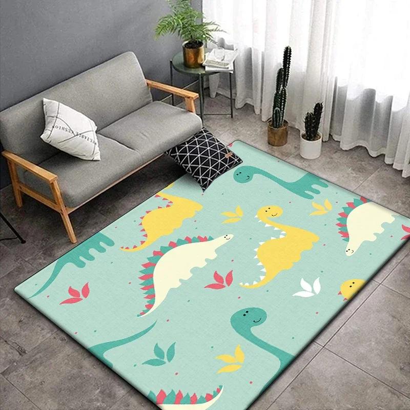 1 pieza Alfombra linda con estampado de dinosaurio de dibujos animados para sala de estar, dormitorio, alfombra para gatear para niños resistente a las arrugas, alfombra de suelo antideslizante