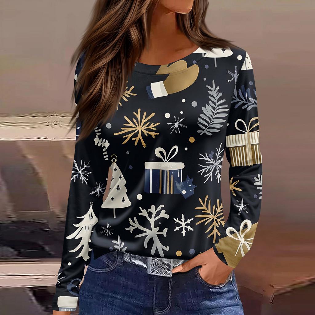 Women's Fashion Casual Slit Hem Round Neck Long Sleeve Loose Christmas Printed T-Shirt Ladies Top