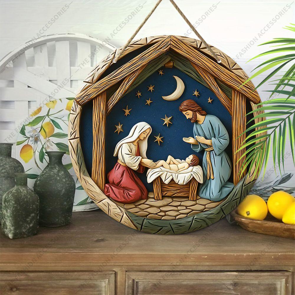 Helig natt krubba hänge, dekoration för hemmets väggar eller dörrar, 2d platt trä, juldekoration, presenter till vänner och familj