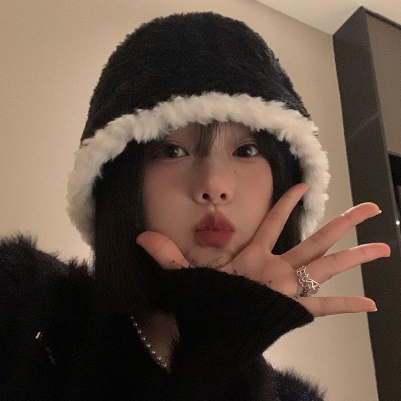 Autumn and Winter Fisherman Female Versatile Plush Basin Hat Plain Face Big Head Circumference Bucket Warm Face Small Face Covering Knitted Hat