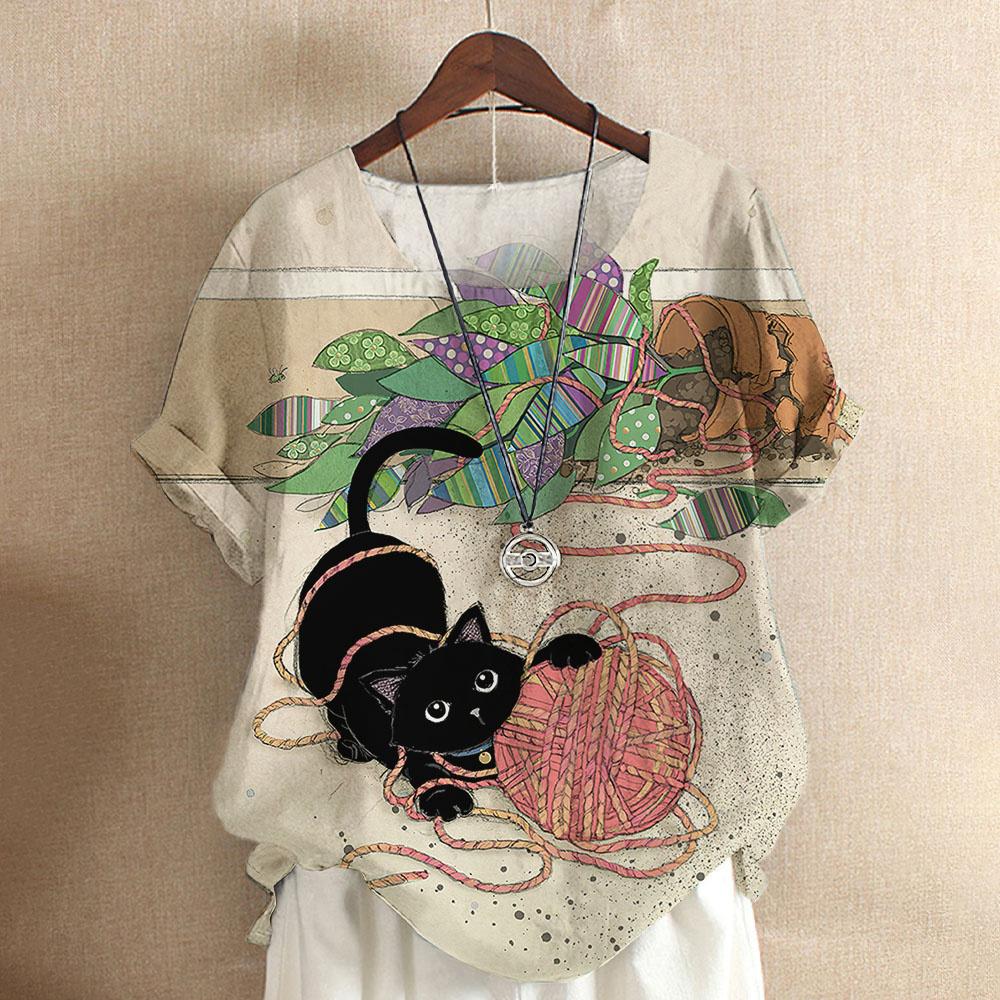 Maglietta da donna con gatto dei cartoni animati, camicetta Harajuku, scollo a V, manica corta, oversize, casual, pullover, estate, magliette carine, abbigliamento femminile