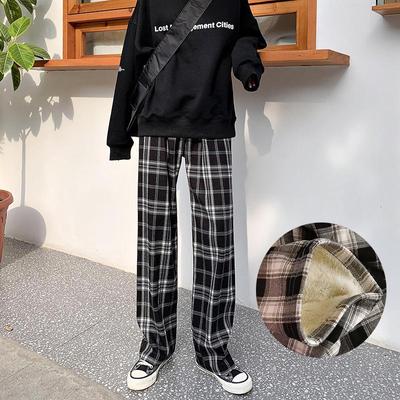 Women's High-Waist Black & White Plaid Wide-Leg Pants - Slim, Versatile, Casual, Loose, with Velvet, Ideal for Autumn and Winter