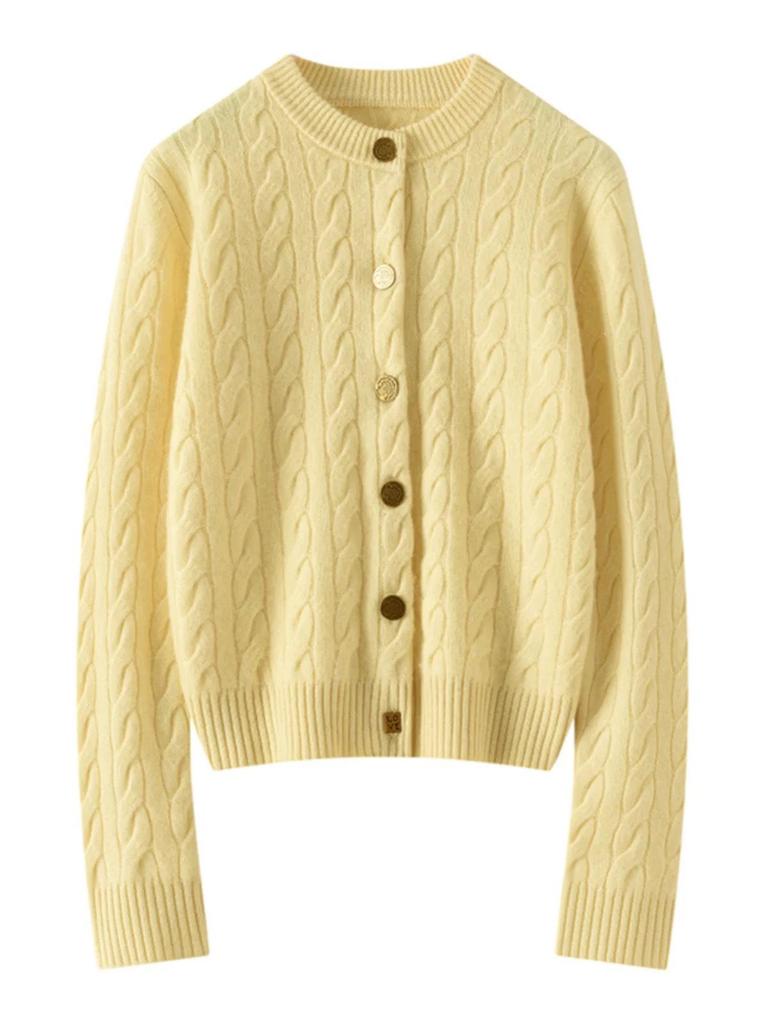 Women's Heavy Cable Knit Cashmere Cardigan - Round Neck, Long Sleeve, Autumn/Winter Style Sweater Coat