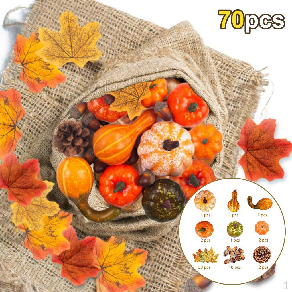 

Artificial Harvest Pumpkins, Maple Leaves, Cones And Acorns Set for Autumn, Halloween Home Table 70pcs
