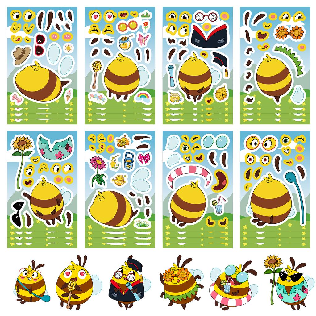 8PCS Bee Sticker Set Cartoon Doodle Collage Laptop Phone Decorations Waterproof Stickers