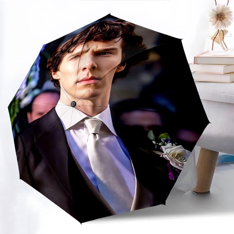 Sherlock Holmes pattern, automatic folding umbrella, portable and foldable design, 8 ribs, a Christmas or birthday gift.