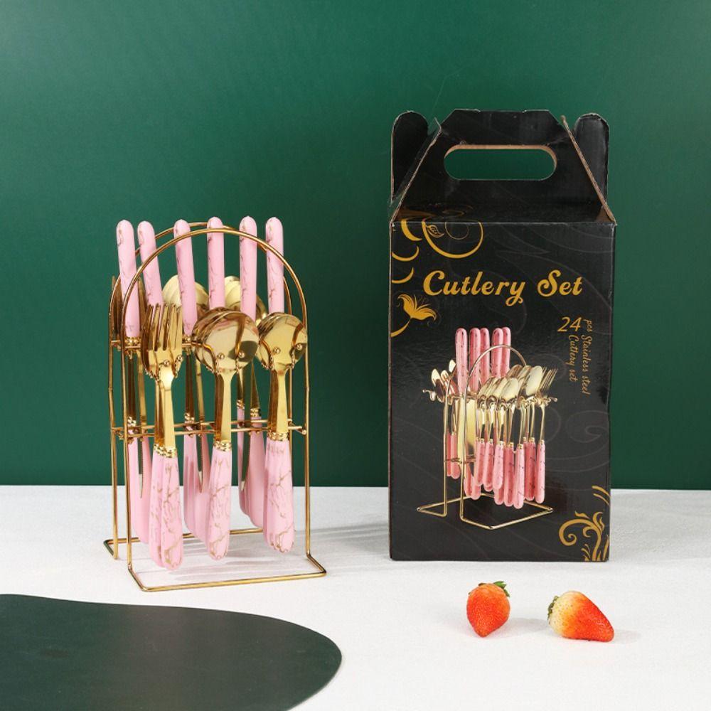 Mode 24-teiliges Besteckset Edelstahl Metall Geschenk Geschirr Gabeln Löffel Sets Essgeschirr Zuhause Schule Küche