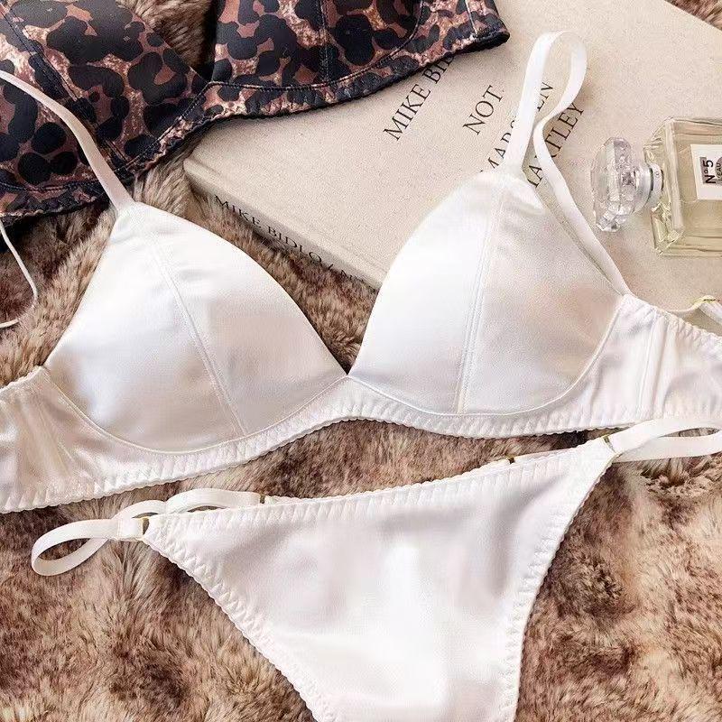 European and American French Satin Triangle Cup Bra and T-Pants Set - Sexy, Wireless, Comfortable