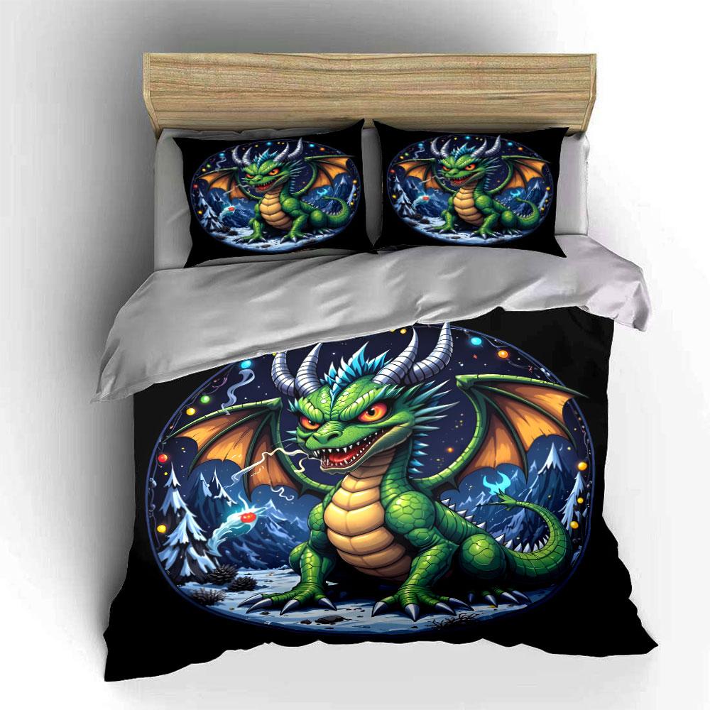 3Pcs Green Dragon With Snowy Night Duvet Cover Set With 3D Printing Design Soft Polyester Bedding Set All-Season Comfort