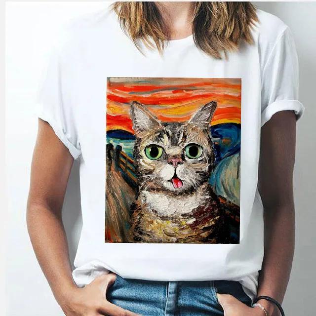 Oil Painting Cat Women's Fashion Personality Spoof Classic Oil Painting T-shirt Women Clothing Tops Harajuku Aesthetic Oversized