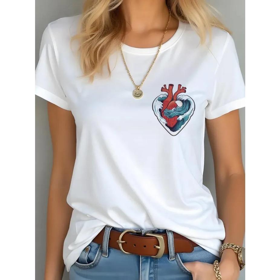 Women Cartoon Printed Short Sleeve O Neck T Shirt Cotton Summer Tees