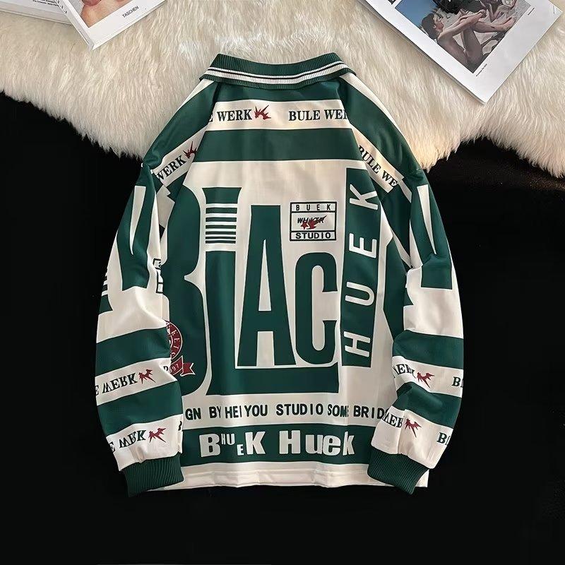 American High Street Polo Neck Sweater Men'S Spring New Thin Niche Retro Hiphop Long-Sleeved Top