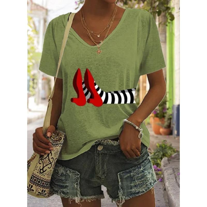 Summer Casual V-Neck Rainbow Printed Short Sleeve Women's T-Shirt Top