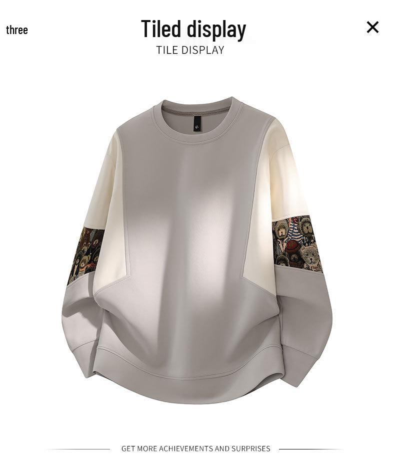 ACU Menswear Fleece-Lined Men's Sweatshirt - Autumn/Winter 2026, Bear Sleeve Patchwork, Jacquard, Round Neck, Color Block Design