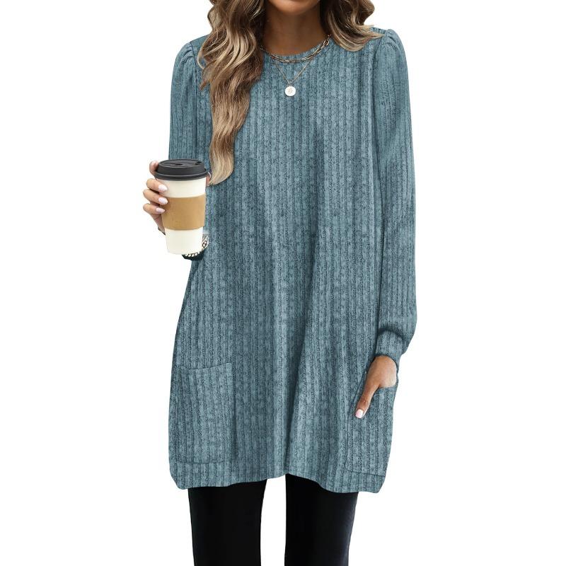 Fashion Women Knit Long T-shirts Women Loose Fit Long Sleeve Pockets Pullover Sweater Casual Autumn Winter Solid Color Chunky Knit Top