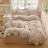 2025 New Cream Lace Girl Powder Grid Korean Version Bed 4-piece Set Washed Cotton Double-layer Yarn Quilt Cover Dormitory