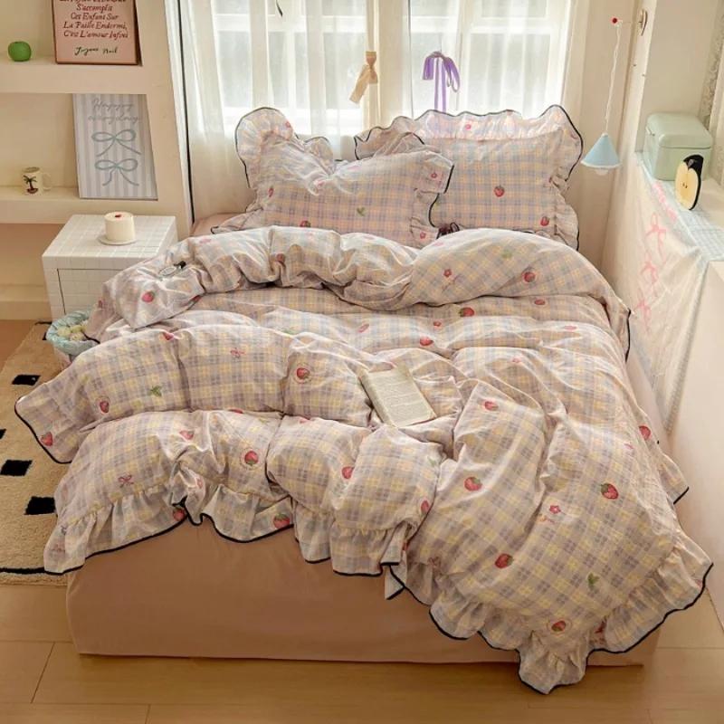 2025 New Cream Lace Girl Powder Grid Korean Version Bed 4-piece Set Washed Cotton Double-layer Yarn Quilt Cover Dormitory