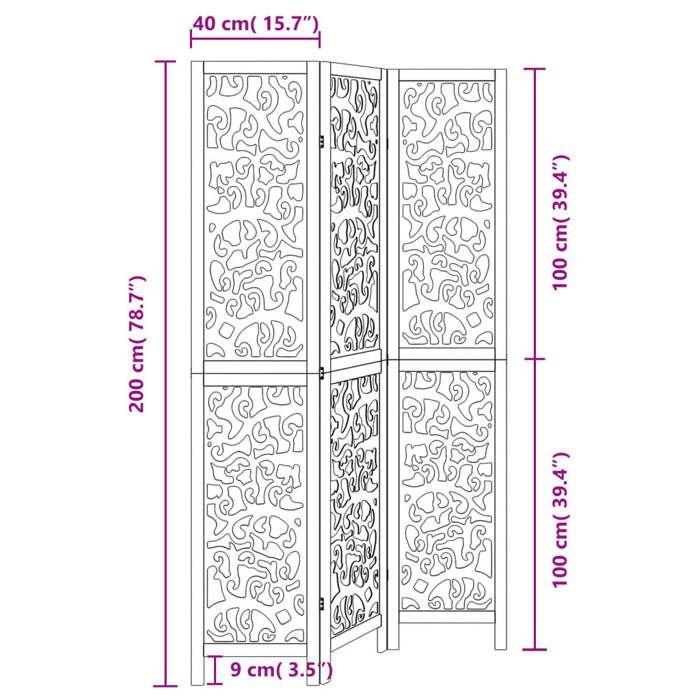 VidaXL Cloison de séparation 3 panneaux noir bois de paulownia massif, écran d'intimité, panneau de séparation de pièce, 358751