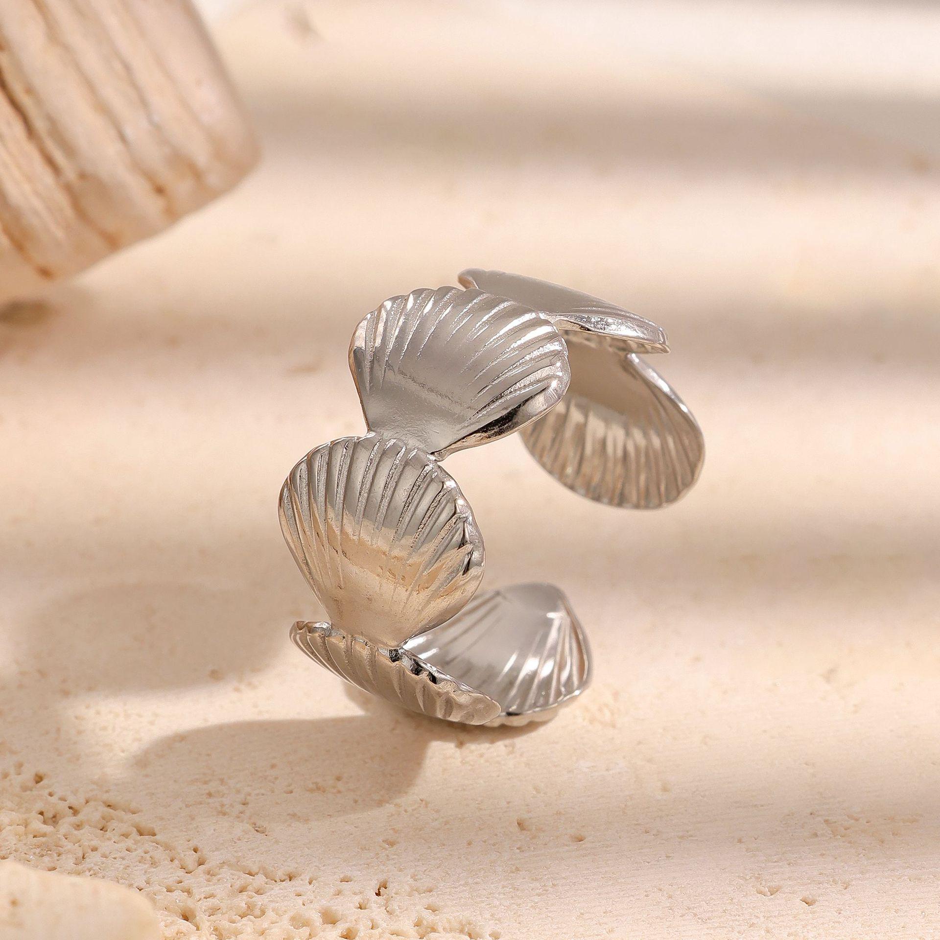 18K Gold Plated Shell Ring - Adjustable Stainless Steel, European & American Resort Style