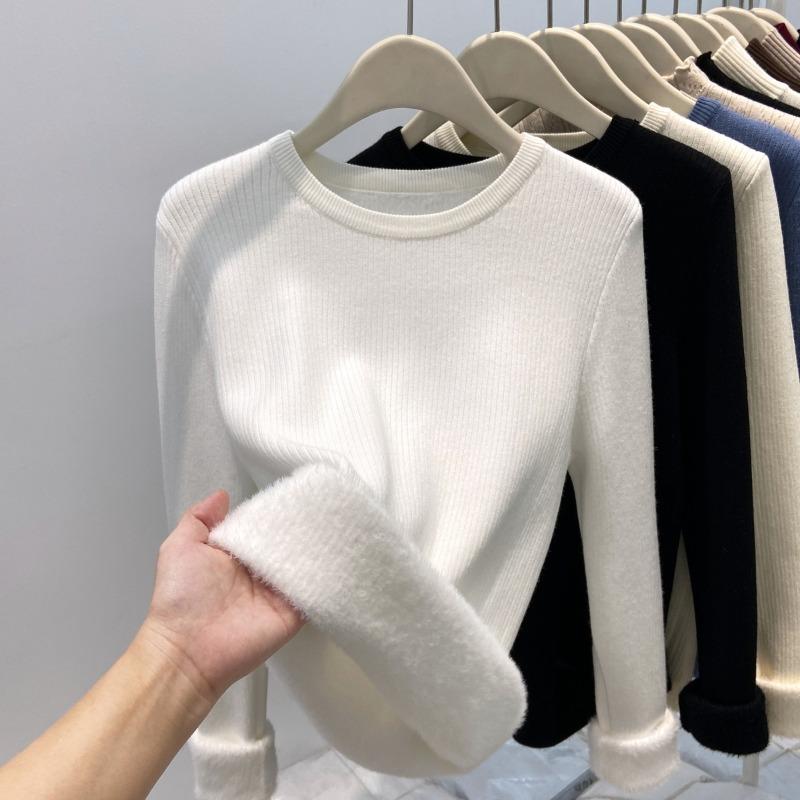 Soft waxy sweater autumn and winter round neck integrated fleece bottoming shirt women's inner fleece thickened warm knitted top