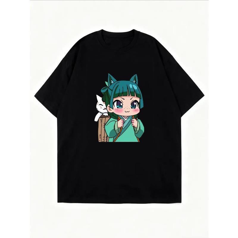 Roztomilá anime dívka s kočičím batohem Tričko Bílé s potiskem kreslené postavičky pro volný čas a každodenní nošení