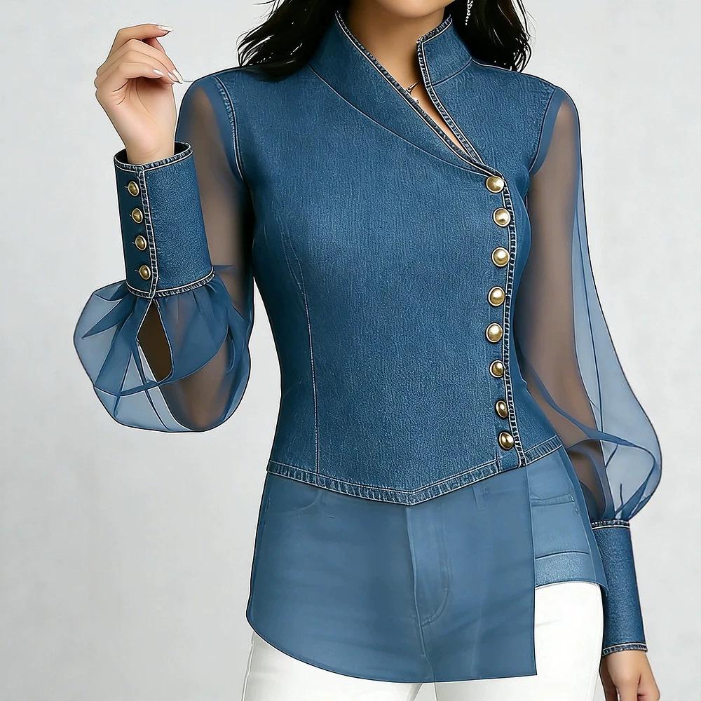 Spring New Fashion and Thin Side Buckle Splicing Women's Denim Top