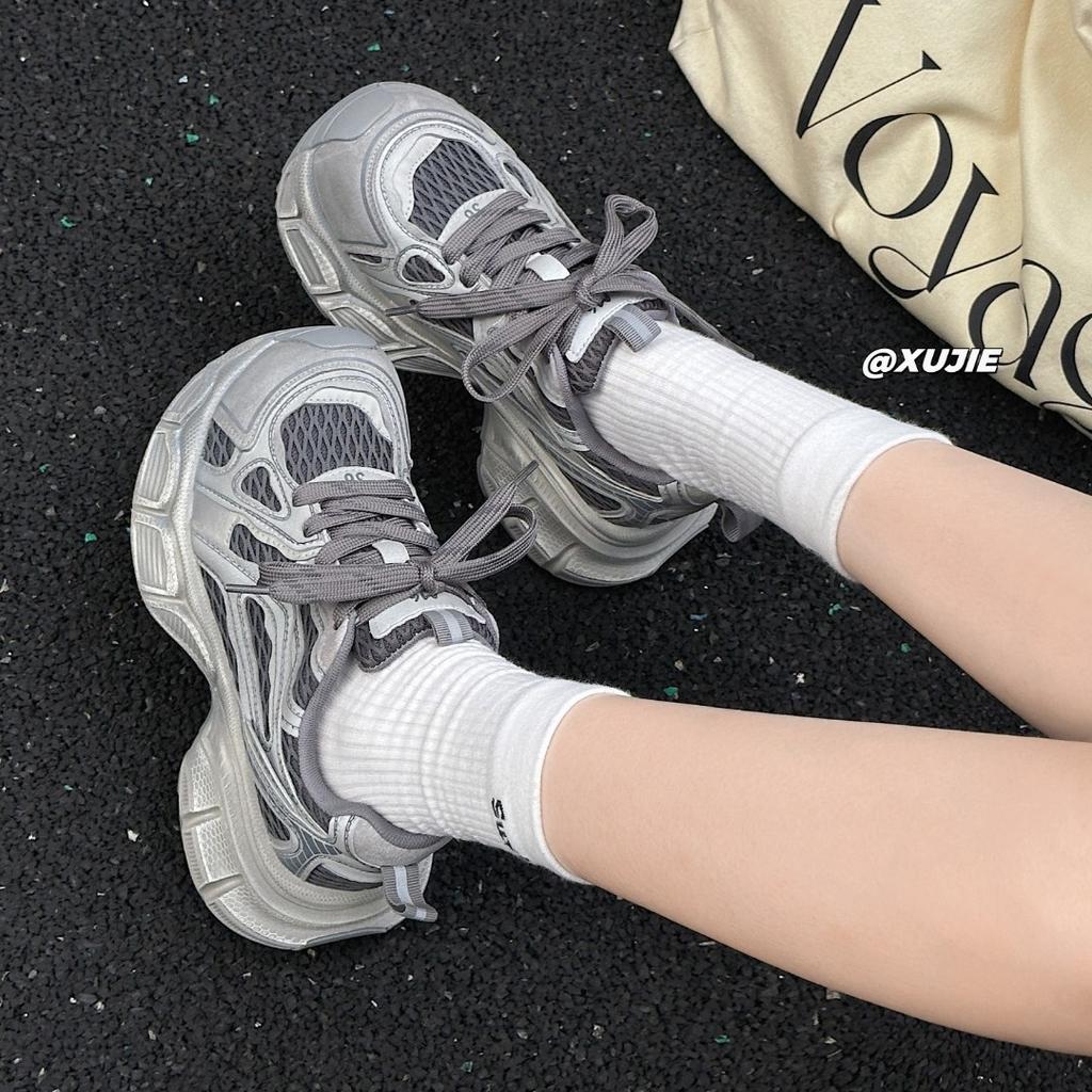 Leather platform dad shoes women's 2025 autumn new European station mesh breathable versatile sports shoes women's shoes