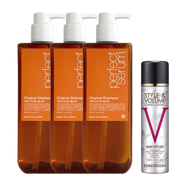 mise en scène Perfect Serum Original Шампунь 680 мл x3 + Объемный Черный Спрей Натуральный Коричневый 120 мл
