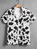 Camicia a Maniche Corte con Stampa Mucca Bianco e Nero, Camicetta Vintage con Collo Cubano, Top Largo con Stampa Maculata All-Over, Adatto per Styling Streetwear /