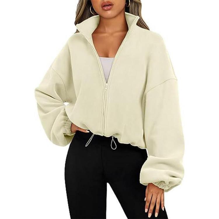 Women Solid Color Velvet Sporty Casual Coat Top Stand Collar Zipper Sweatshirt