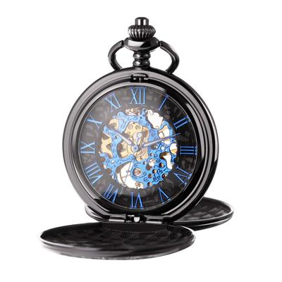 TREEWETO Mechanical Pocket Watch with Roman Numeral Skeleton Gift Box and Chain Black Men's Dial, Design, Included,