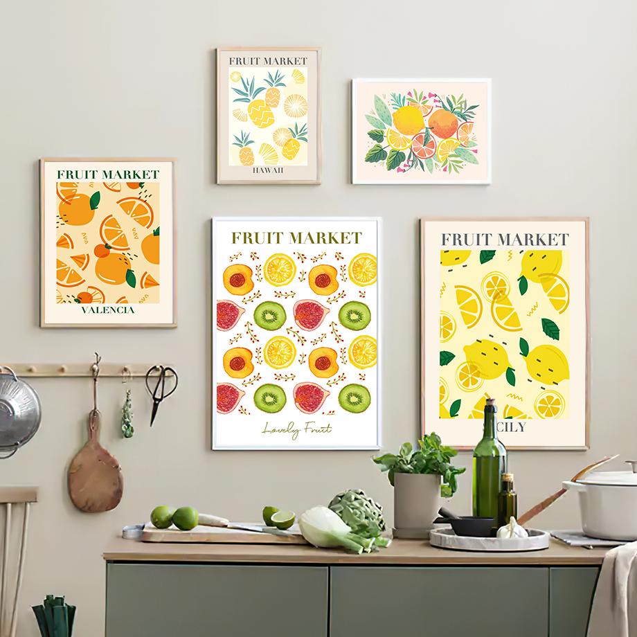 Innendruck Zitrone Orange Wandkunst Leinwandgemälde William Morris Heimdeko Poster Schlafzimmer Obstmarkt Wohnzimmer Kiwi