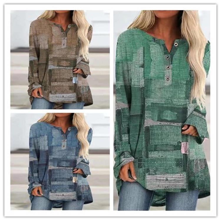 Women's Fashion Casual European American Style Digital Printed Loose Large Size Long Sleeve T-Shirt