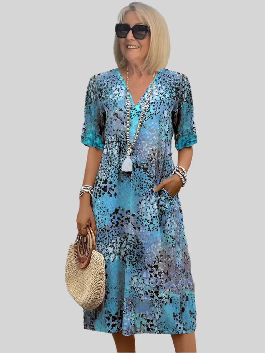 

Summer New Retro Floral V-Neck Casual Vacation Pocket Dress for Women XXL синій