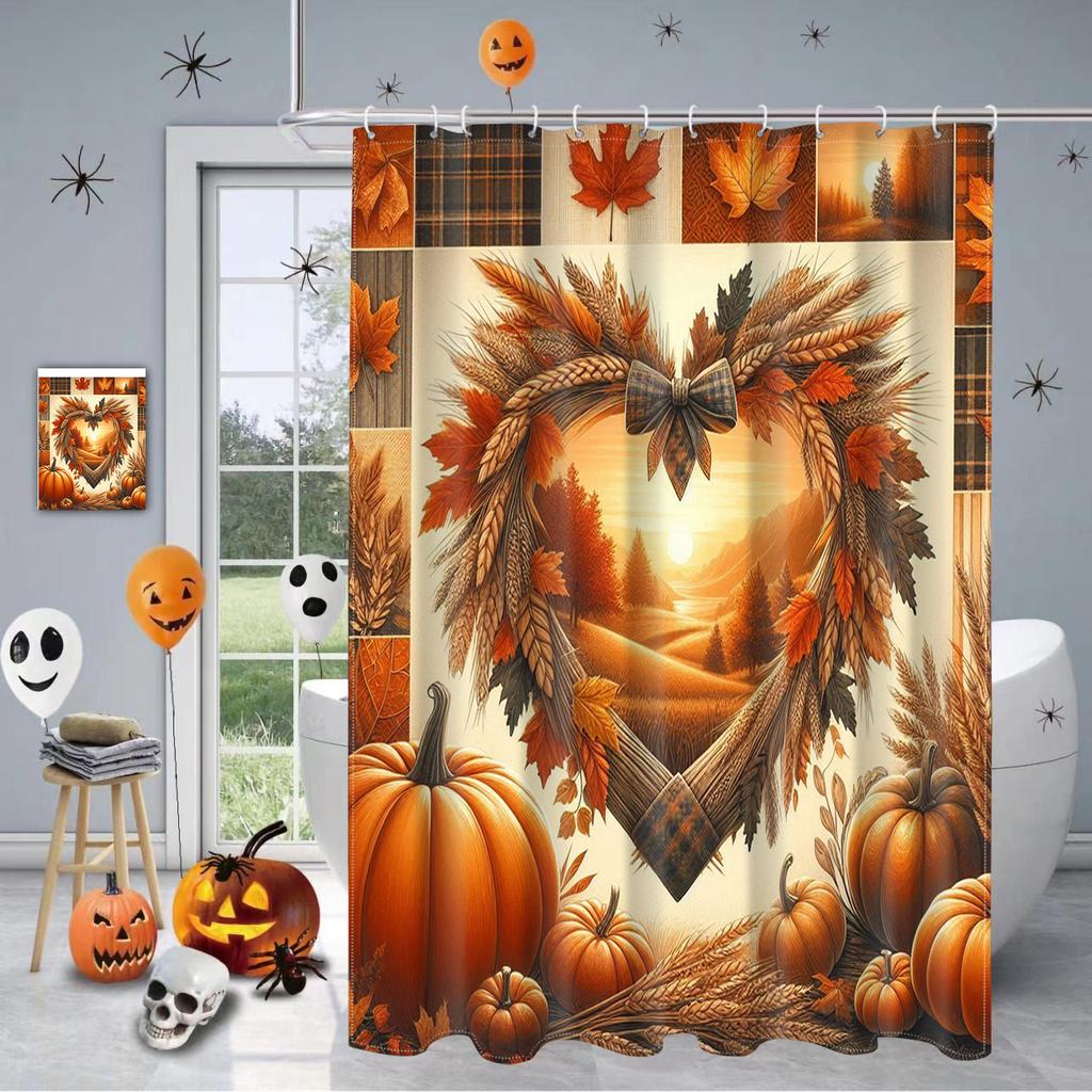 Harvest Thanksgiving Maples Pumpkin Pattern Bathroom Shower Curtain With 12 Hooks Bathroom Decor and Accessories