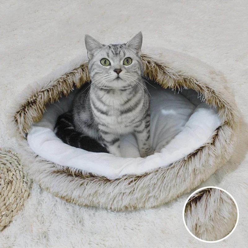 Pet Bed Cat Dog Sleep Bag Cat Nest Kennel For Small Dog Cat Winter Long Plush Round Cushion Cat Dog Pet House Warm Pet Basket