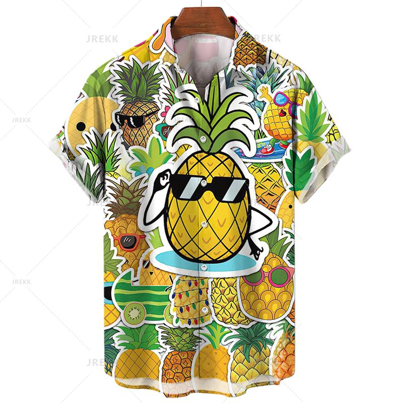 3D Tištěná Havajská Pánská Košile Tropické Ovoce Ananas Dámská Košile s Krátkým Rukávem Volný Pohodlný Top Dovolená Plážové Oblečení Topy