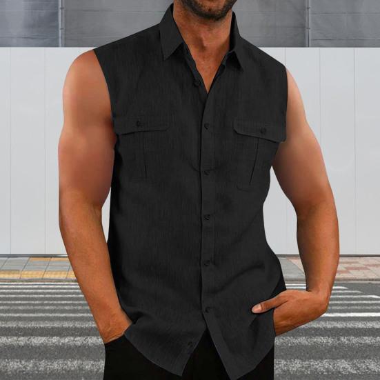 Men Summer Top Sleeveless Solid Color Single-breasted Patch Pockets Mid Length Match Pants Cardigan Lapel Men Summer Vest Men Clothes