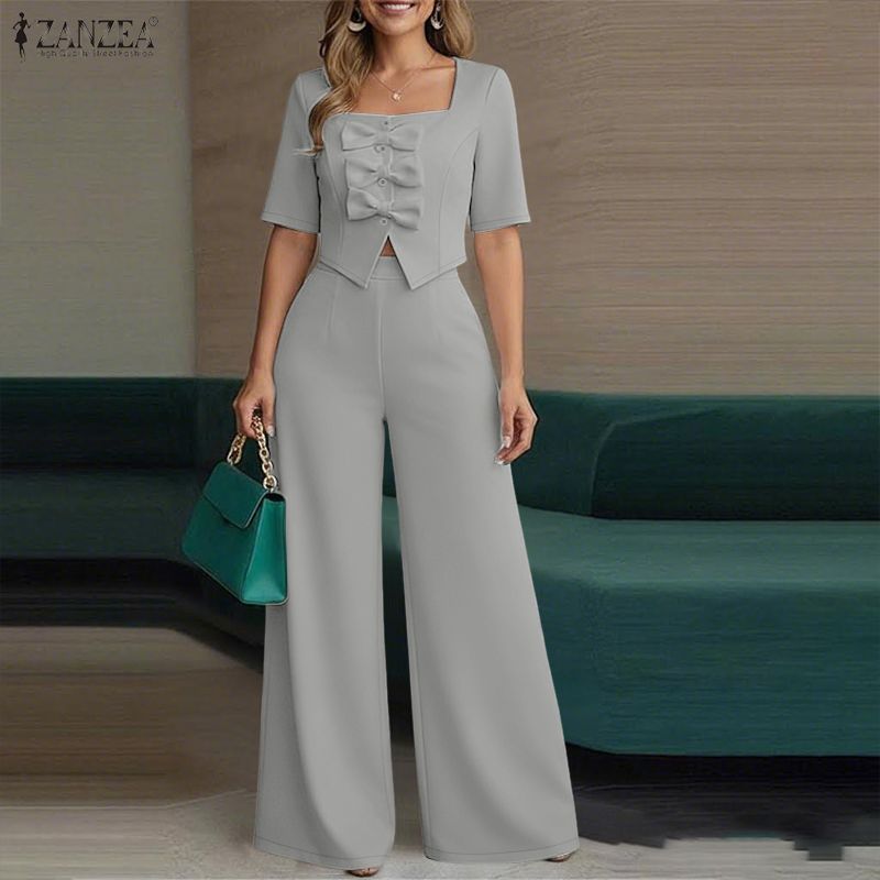 ZANZEA Women Short Sleeve Cropped Tops and Pants Summer Two Piece Suit Sets