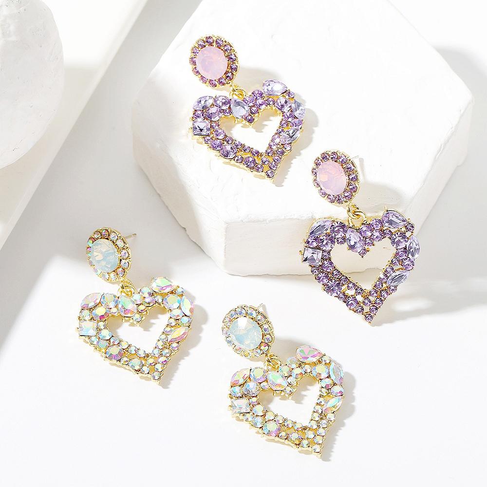 2022 Korean Fashion 18k Gold Plated Rhinestone Heart Shape Earrings Purple Crystal Heart Drop Earrings for Women