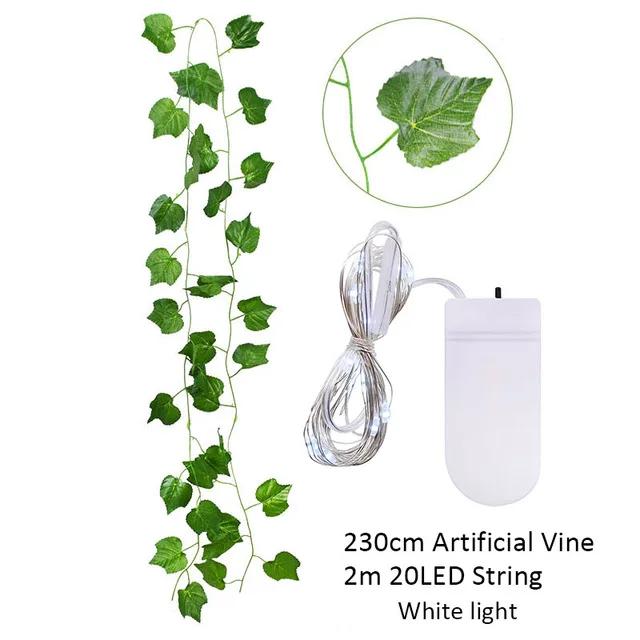 2.3m Fake Creeper Green Leaf Ivy Vine with 2m LED String Lights - Home Wedding Party Hanging Garland Artificial Flower