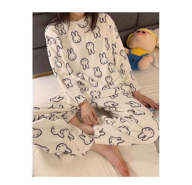 Damen Korallenfleece Cartoon Pyjama Set – Dicke, warme Flanell Hauskleidung für Herbst/Winter