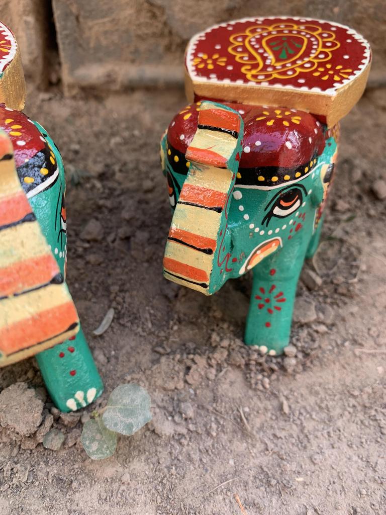 Hand Painted Wooden Elephant Stool Pair, Indian Folk Art Decorative Table