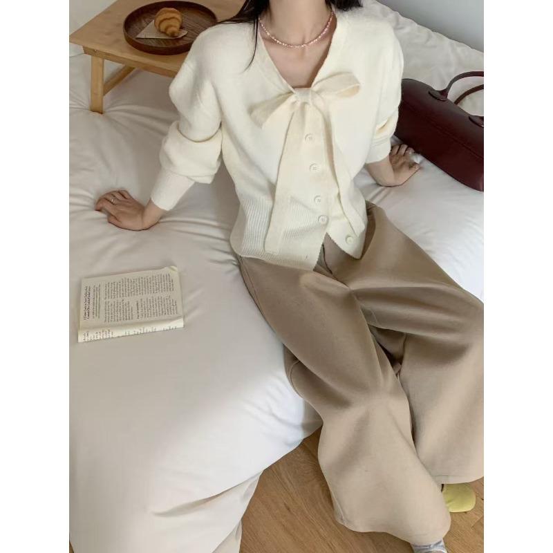 Simple Temperament Bow-tie Long-sleeved Knitted Cardigan Women's Casual Versatile Long-sleeved Jacket